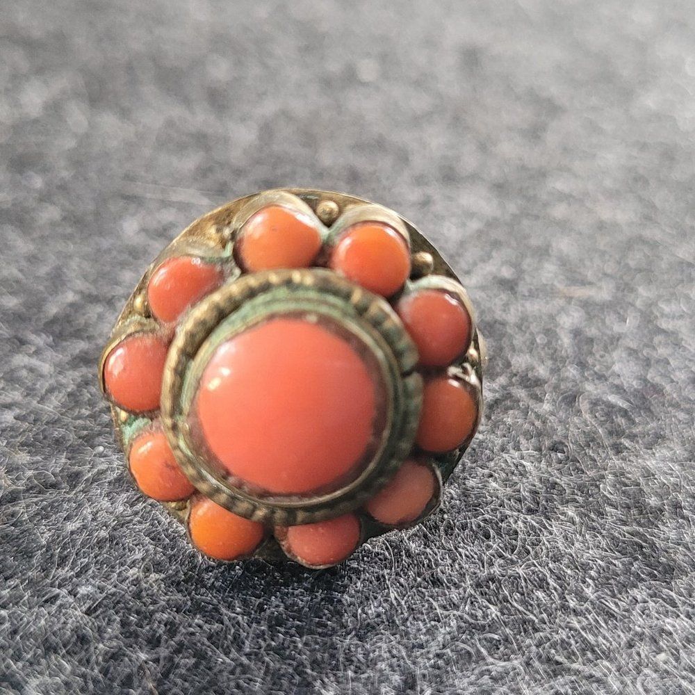 Vintage Brass and Red Coral Ring, adjustable for various sizing